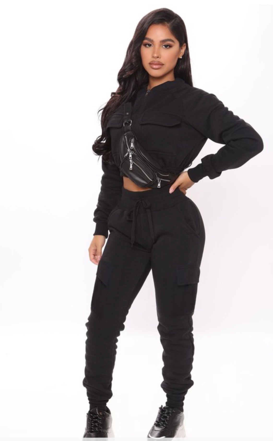 AMINA FLEECE CROP JACKET & JOGGER PANTS SET- BLACK