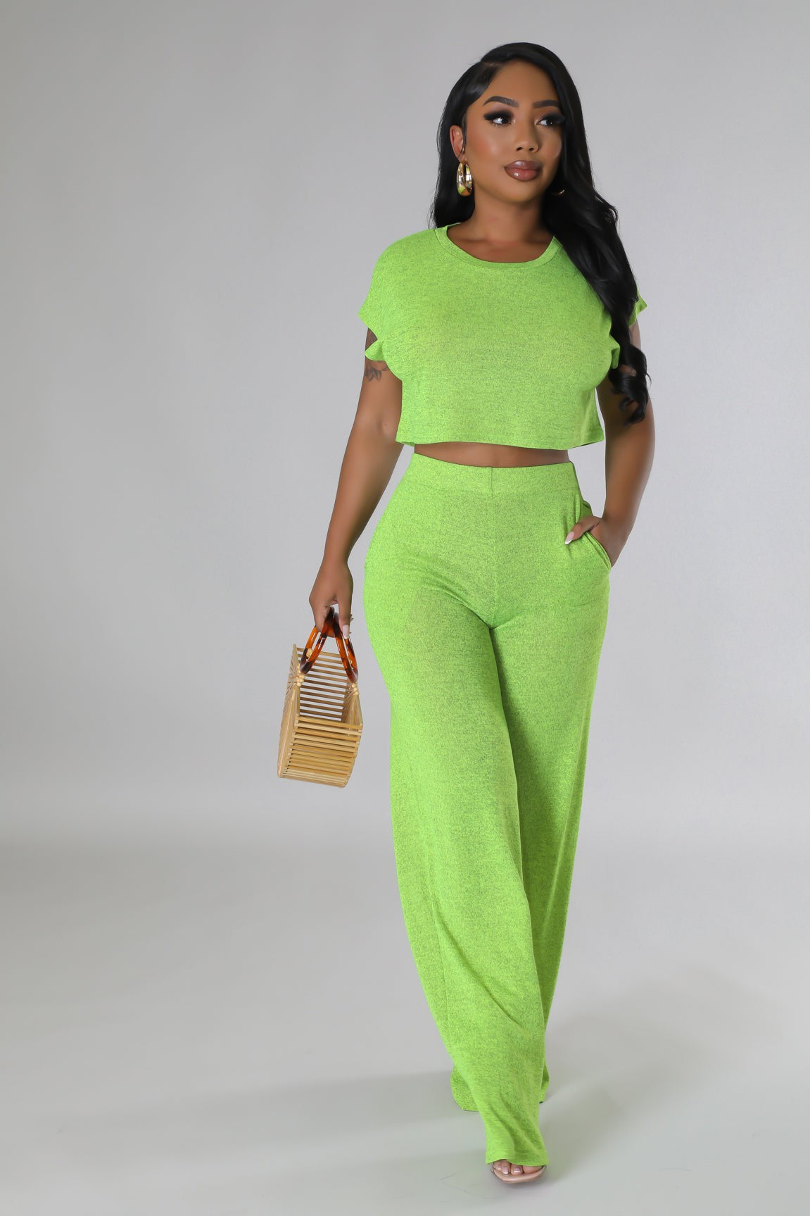 BELLA 2 PIECE CROP TOP & WIDE LEG SET - LIME