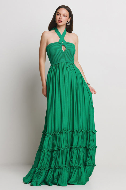 Oliva Halter Neck Maxi Triple Tiered Dress