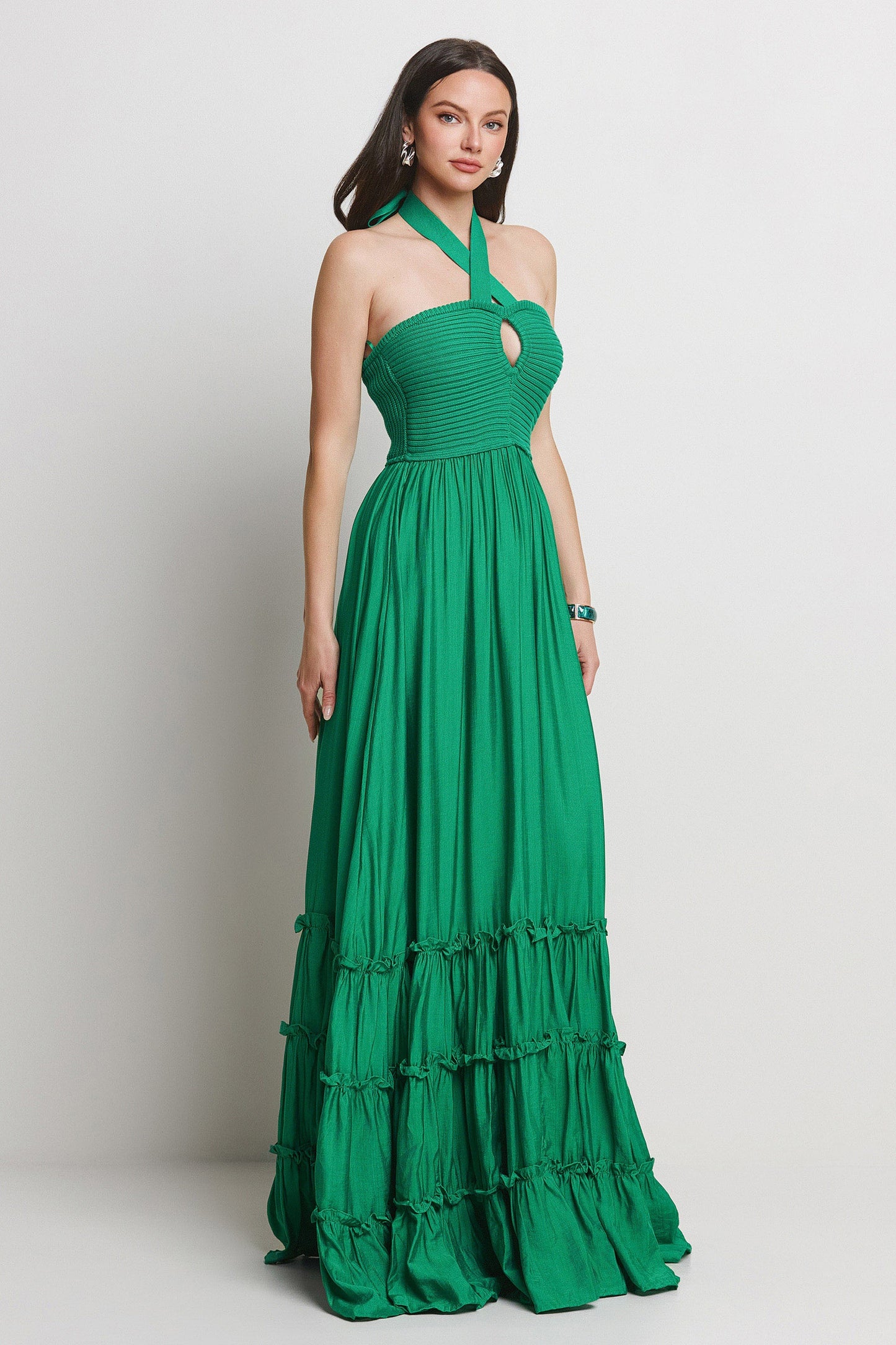 Oliva Halter Neck Maxi Triple Tiered Dress